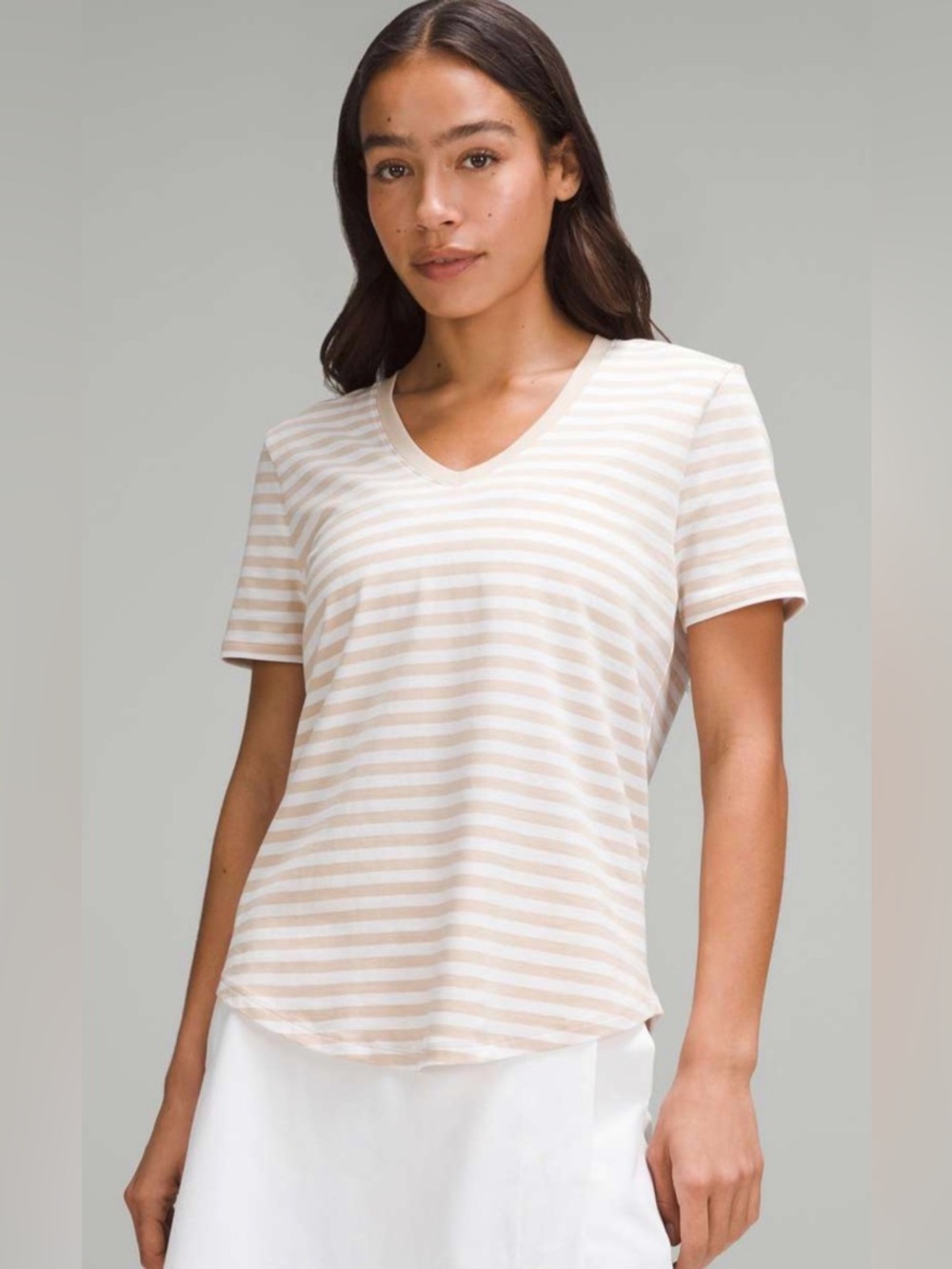 Lululemon Love Tee v-Neck True Stripe Subtle Tan White